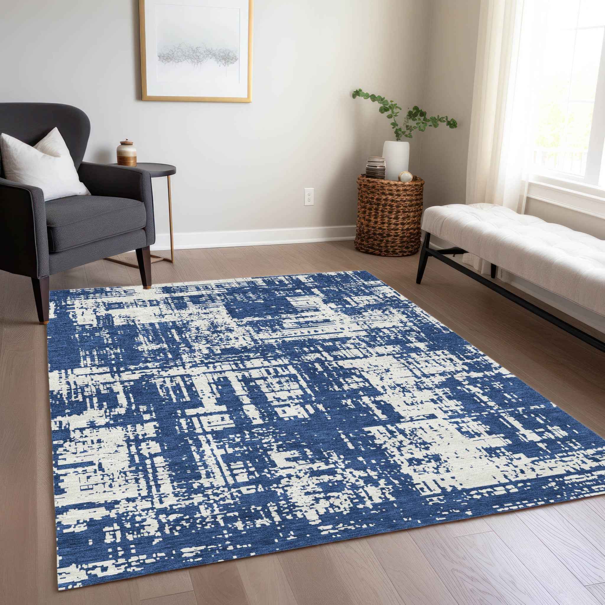 8' X 10' Navy Blue And Ivory Abstract Washable Indoor Outdoor Area Rug