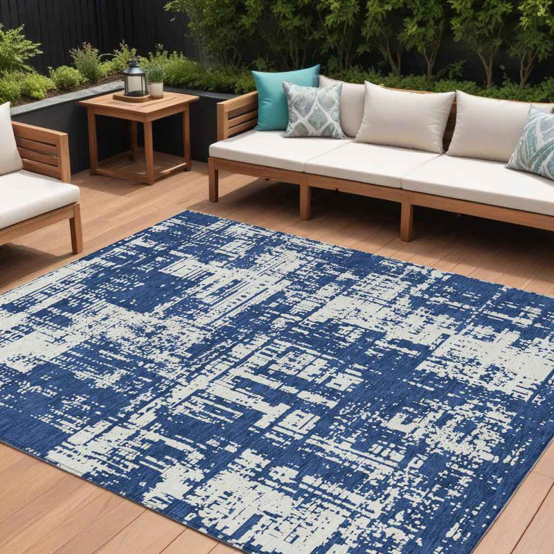 8' X 10' Navy Blue And Ivory Abstract Washable Indoor Outdoor Area Rug