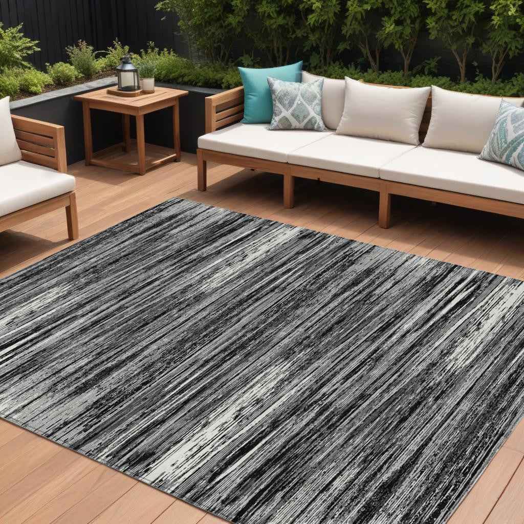 8' X 10' Black And Ivory Striped Washable Indoor Outdoor Area Rug