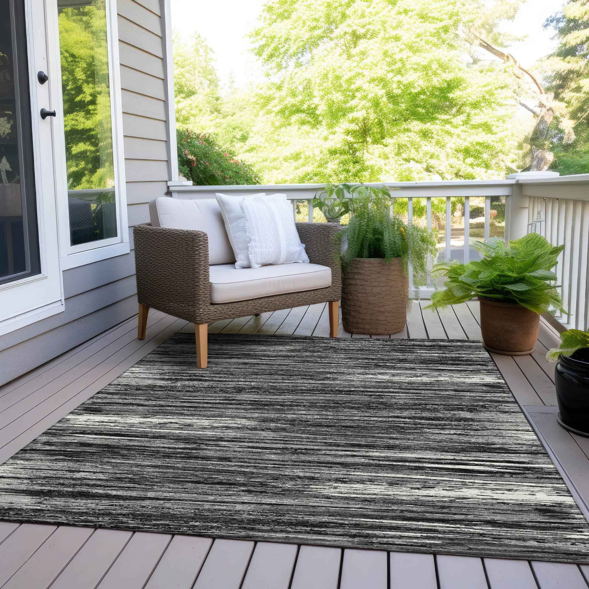 8' X 10' Black And Ivory Striped Washable Indoor Outdoor Area Rug