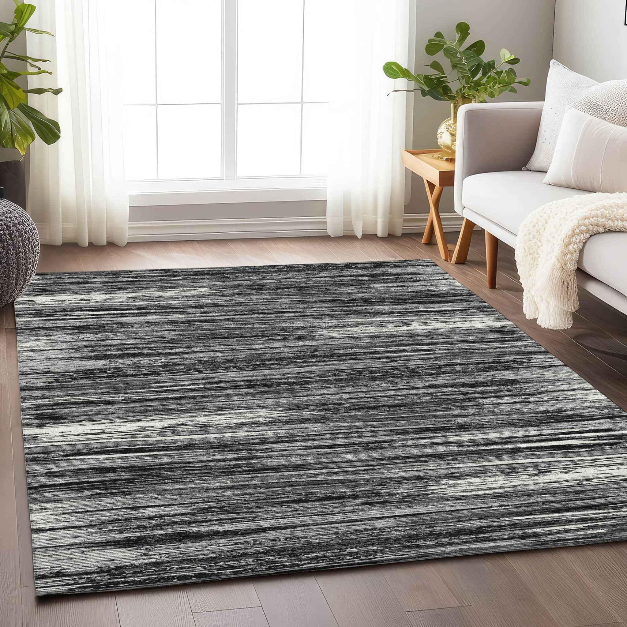 8' X 10' Black And Ivory Striped Washable Indoor Outdoor Area Rug