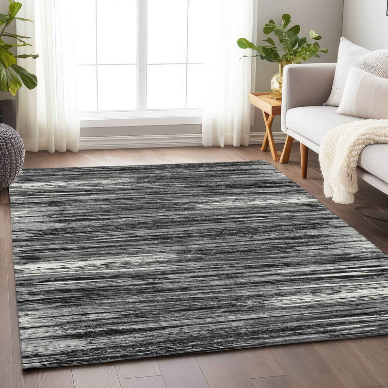 8' X 10' Black And Ivory Striped Washable Indoor Outdoor Area Rug