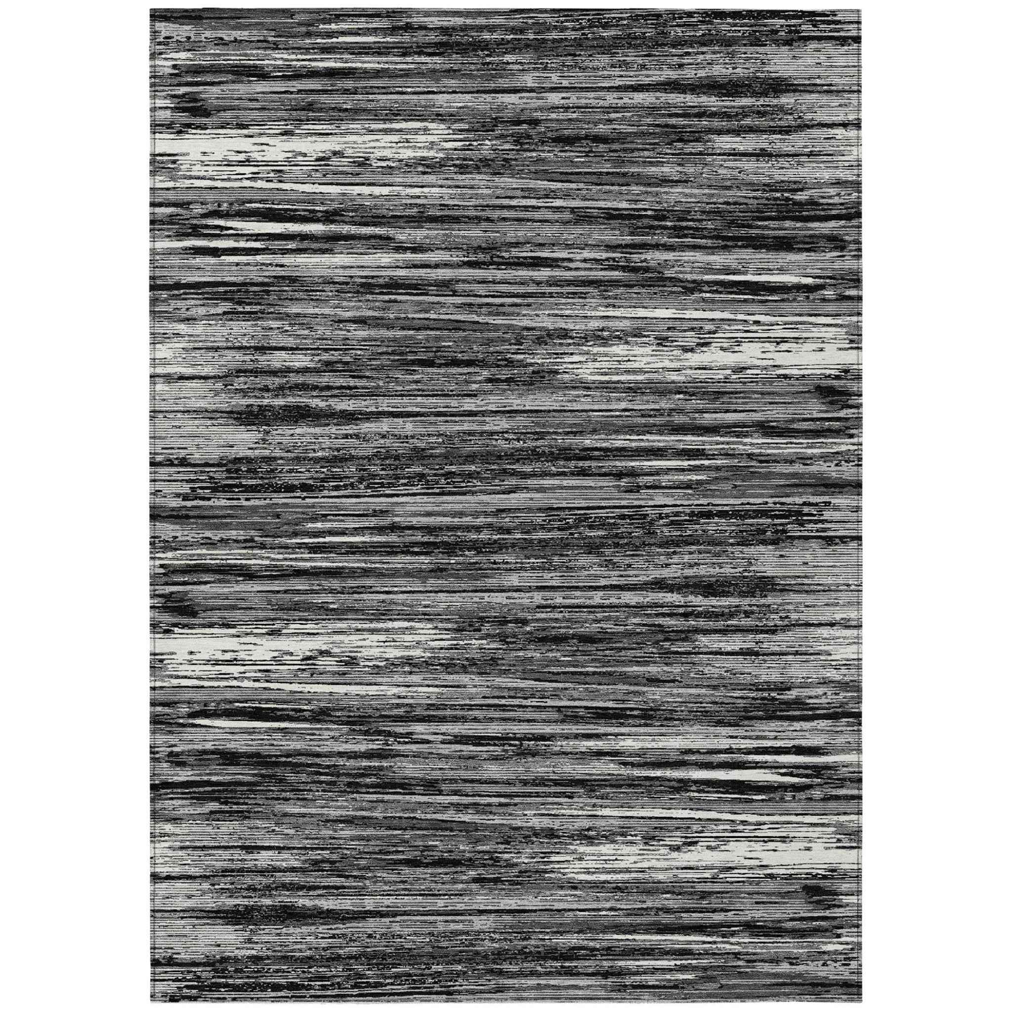 8' X 10' Black And Ivory Striped Washable Indoor Outdoor Area Rug