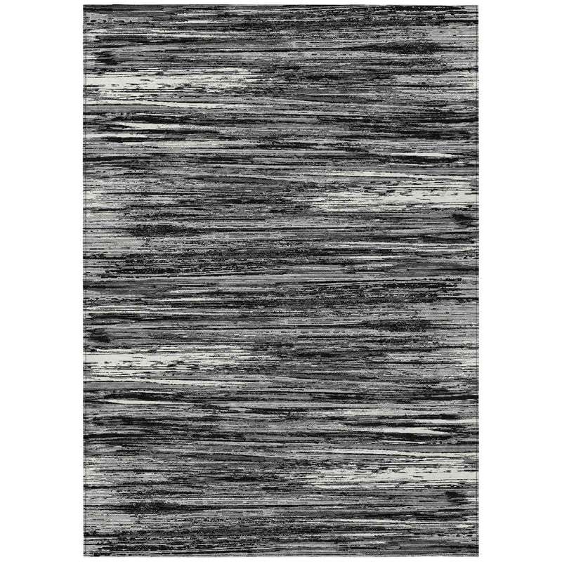 8' X 10' Black And Ivory Striped Washable Indoor Outdoor Area Rug