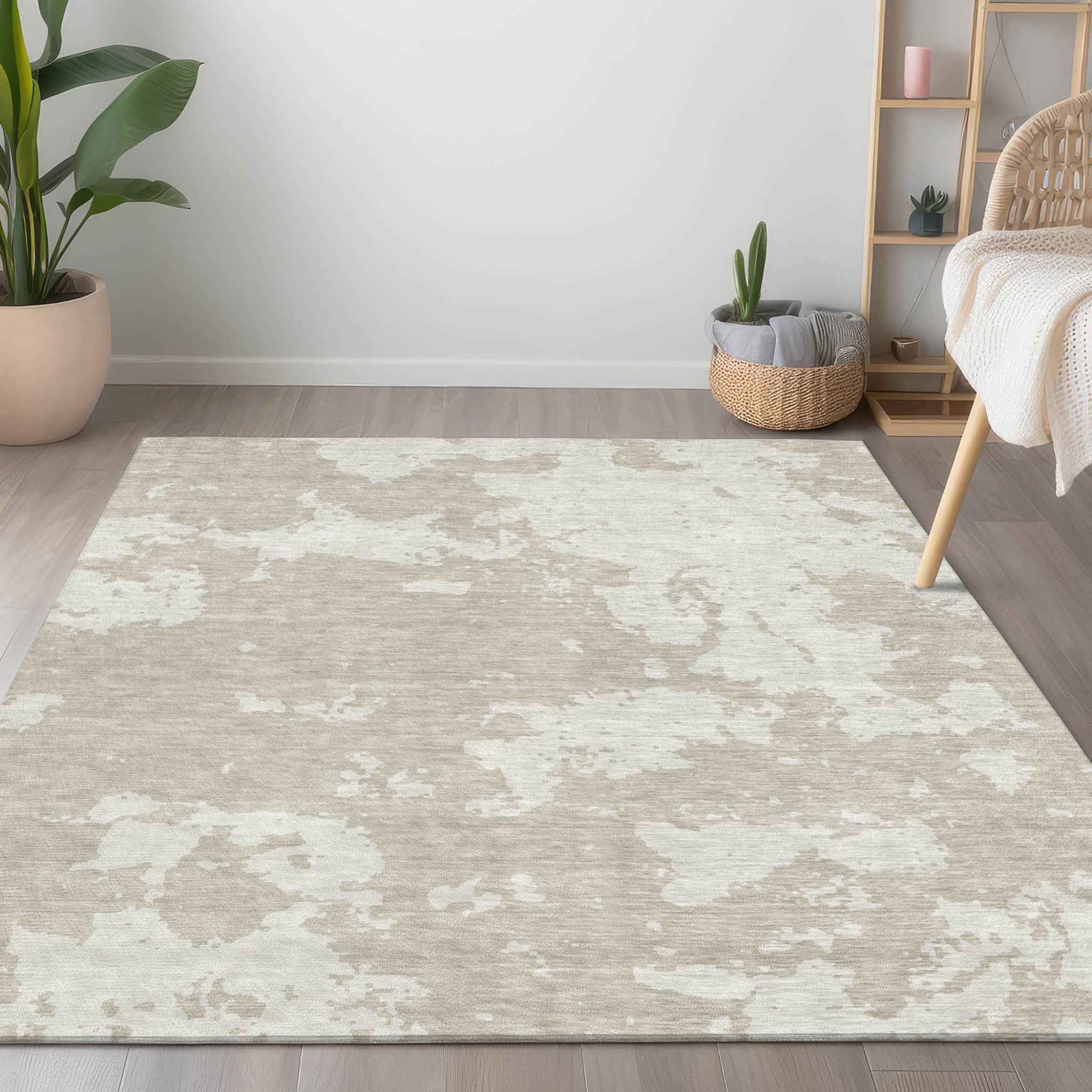 8' X 10' Beige And Ivory Abstract Washable Indoor Outdoor Area Rug