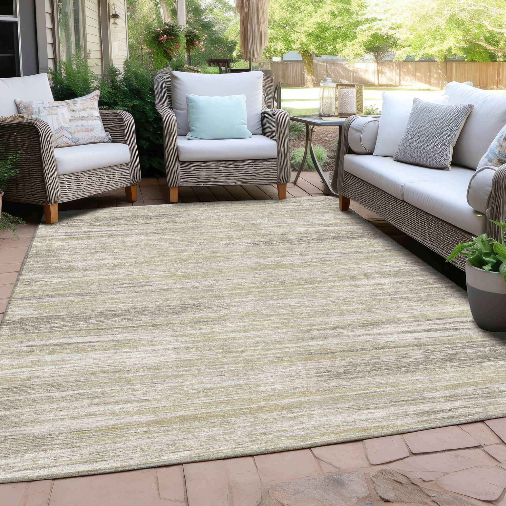 3' X 5' Beige Brown And Ivory Striped Washable Indoor Outdoor Area Rug