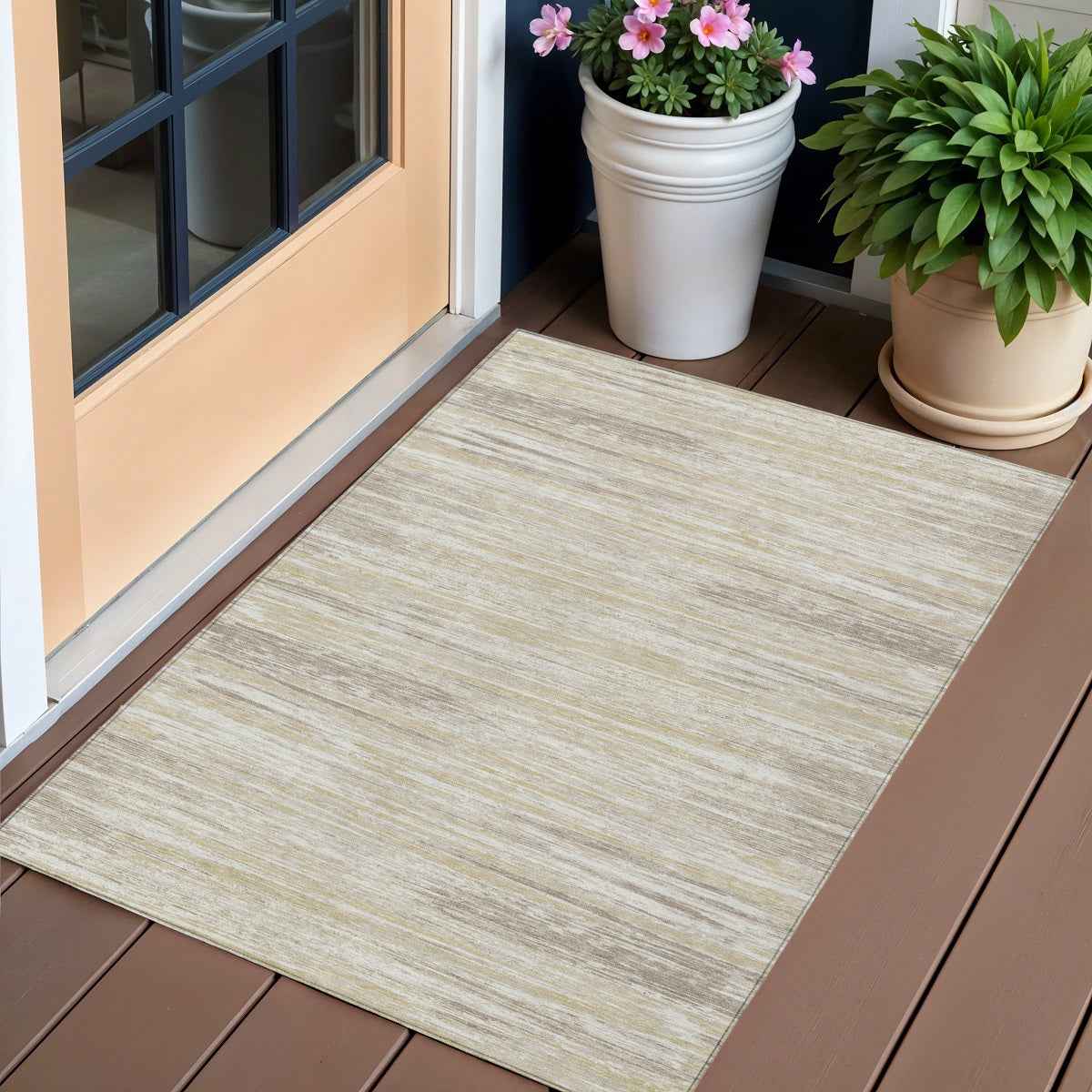 3' X 5' Beige Brown And Ivory Striped Washable Indoor Outdoor Area Rug