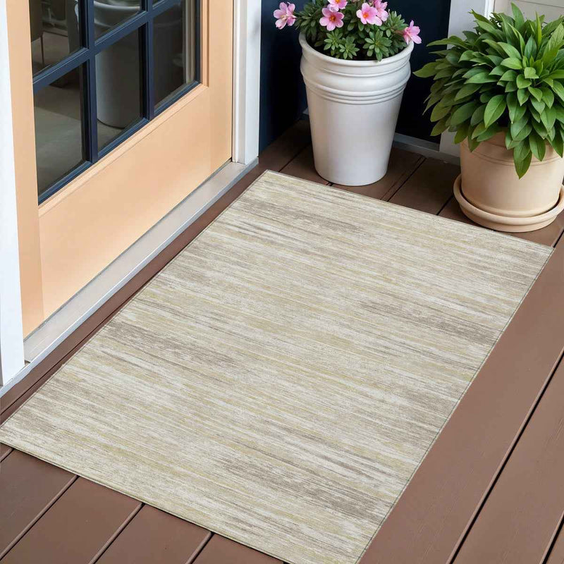3' X 5' Beige Brown And Ivory Striped Washable Indoor Outdoor Area Rug