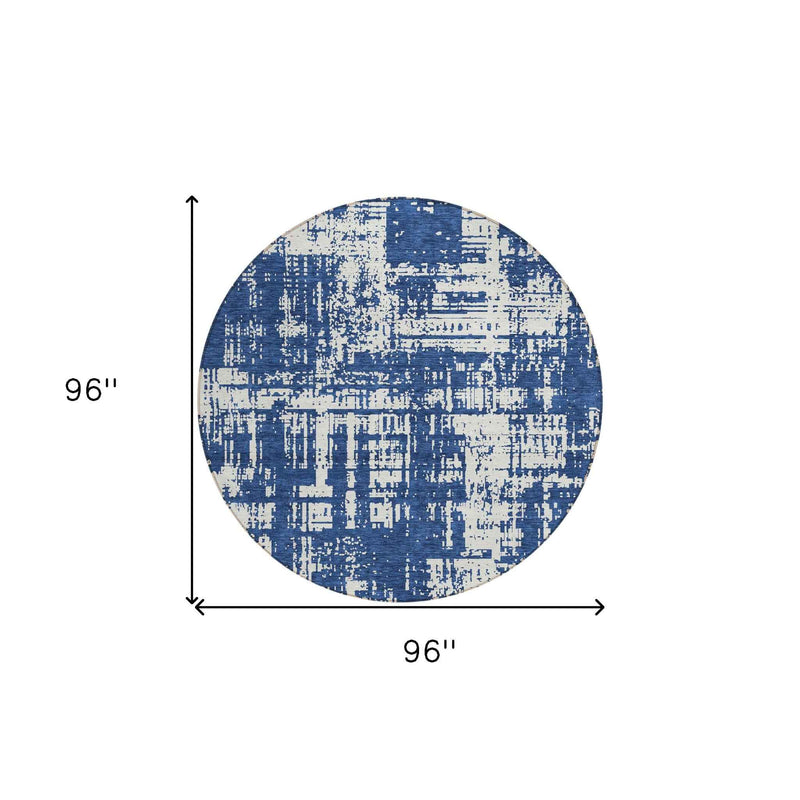 8' Navy Blue And Ivory Round Abstract Washable Indoor Outdoor Area Rug