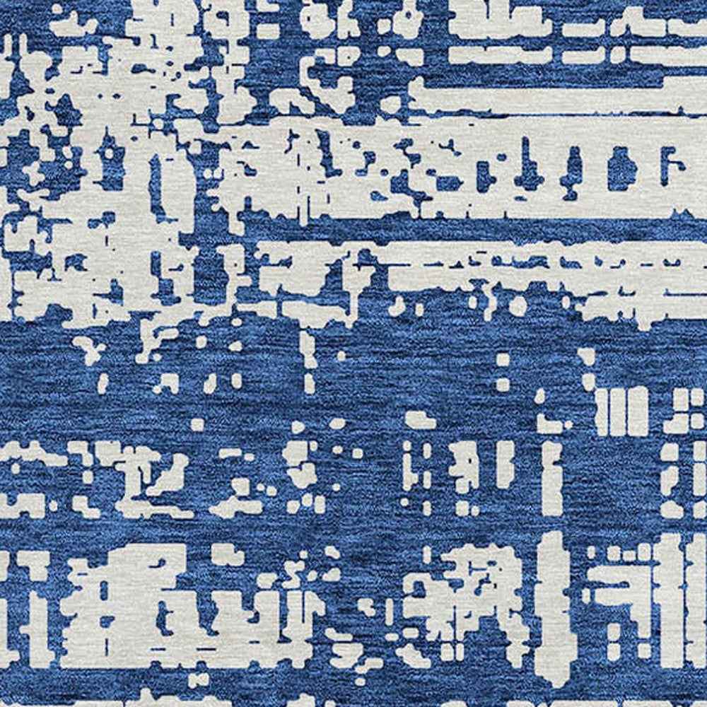 8' Navy Blue And Ivory Round Abstract Washable Indoor Outdoor Area Rug