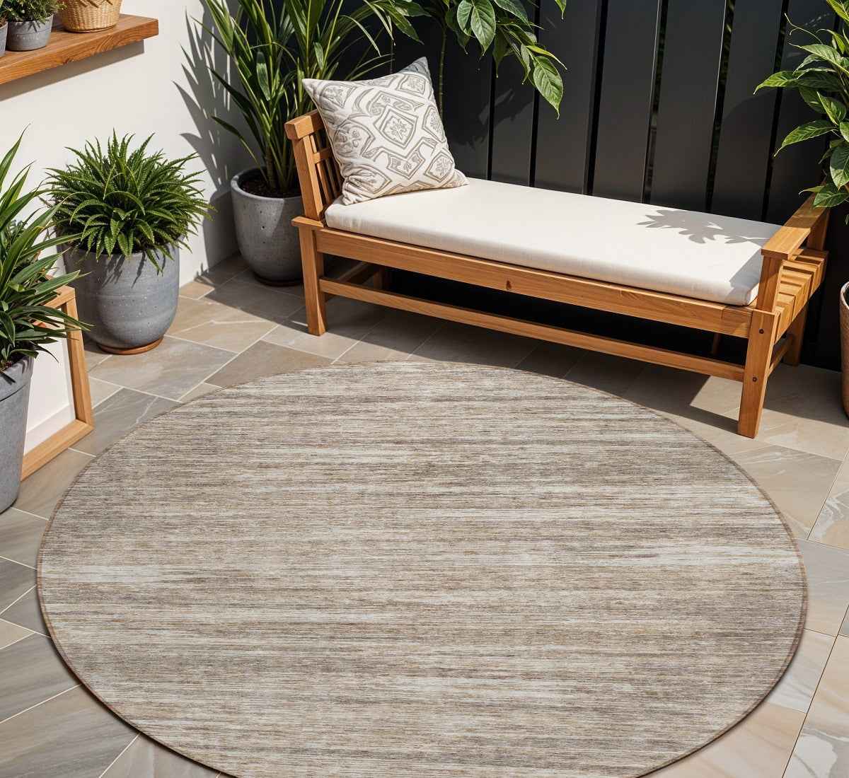 8' Taupe Gray And Ivory Round Striped Washable Indoor Outdoor Area Rug