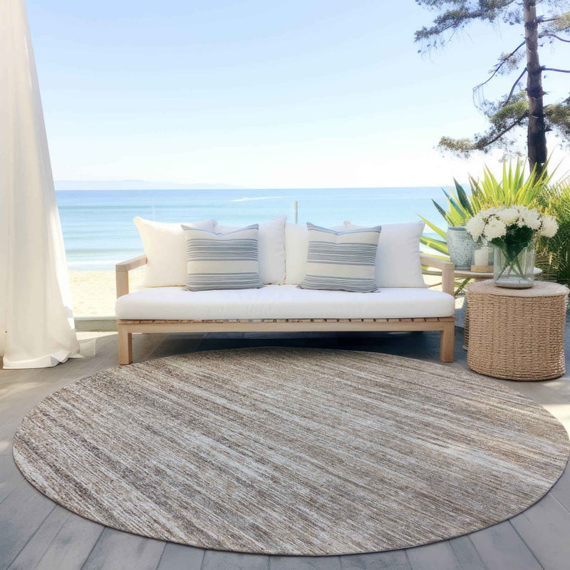 8' Taupe Gray And Ivory Round Striped Washable Indoor Outdoor Area Rug