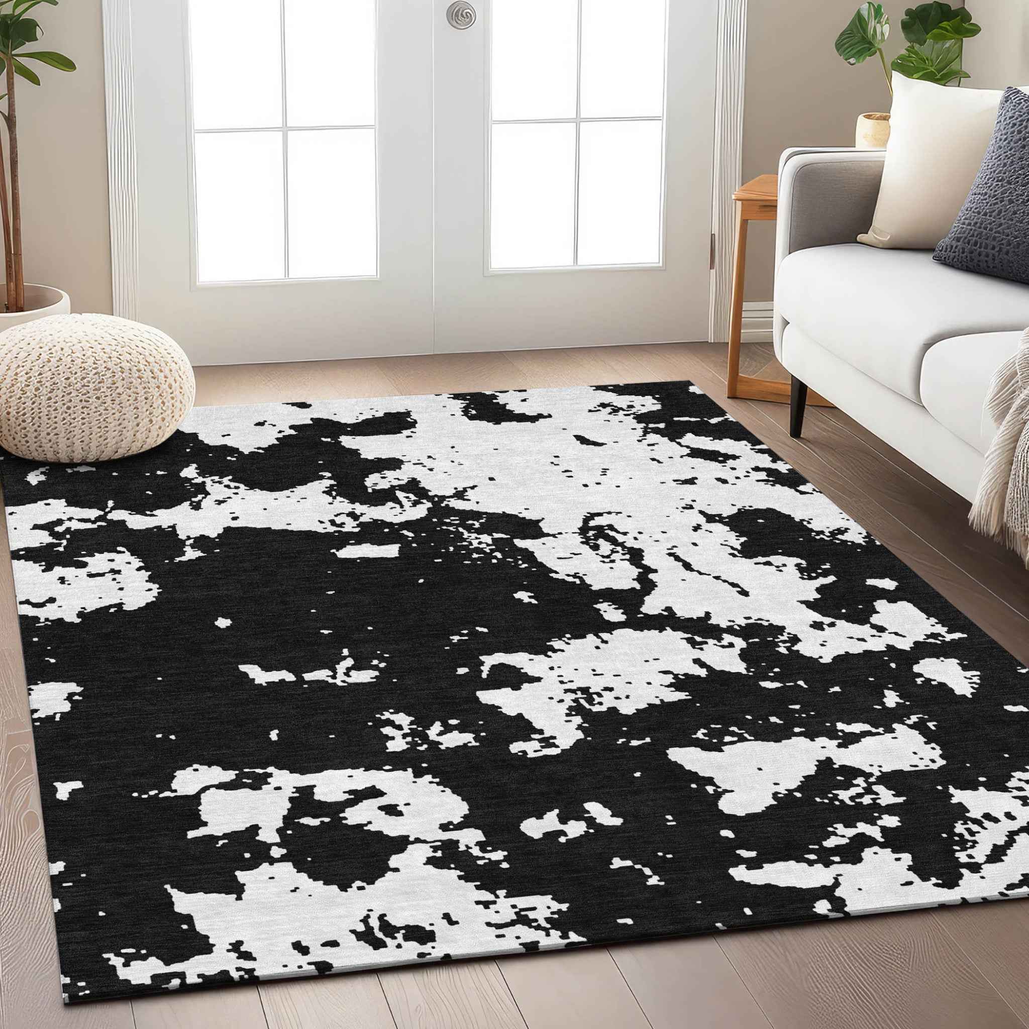 8' X 10' Black And Ivory Abstract Washable Indoor Outdoor Area Rug