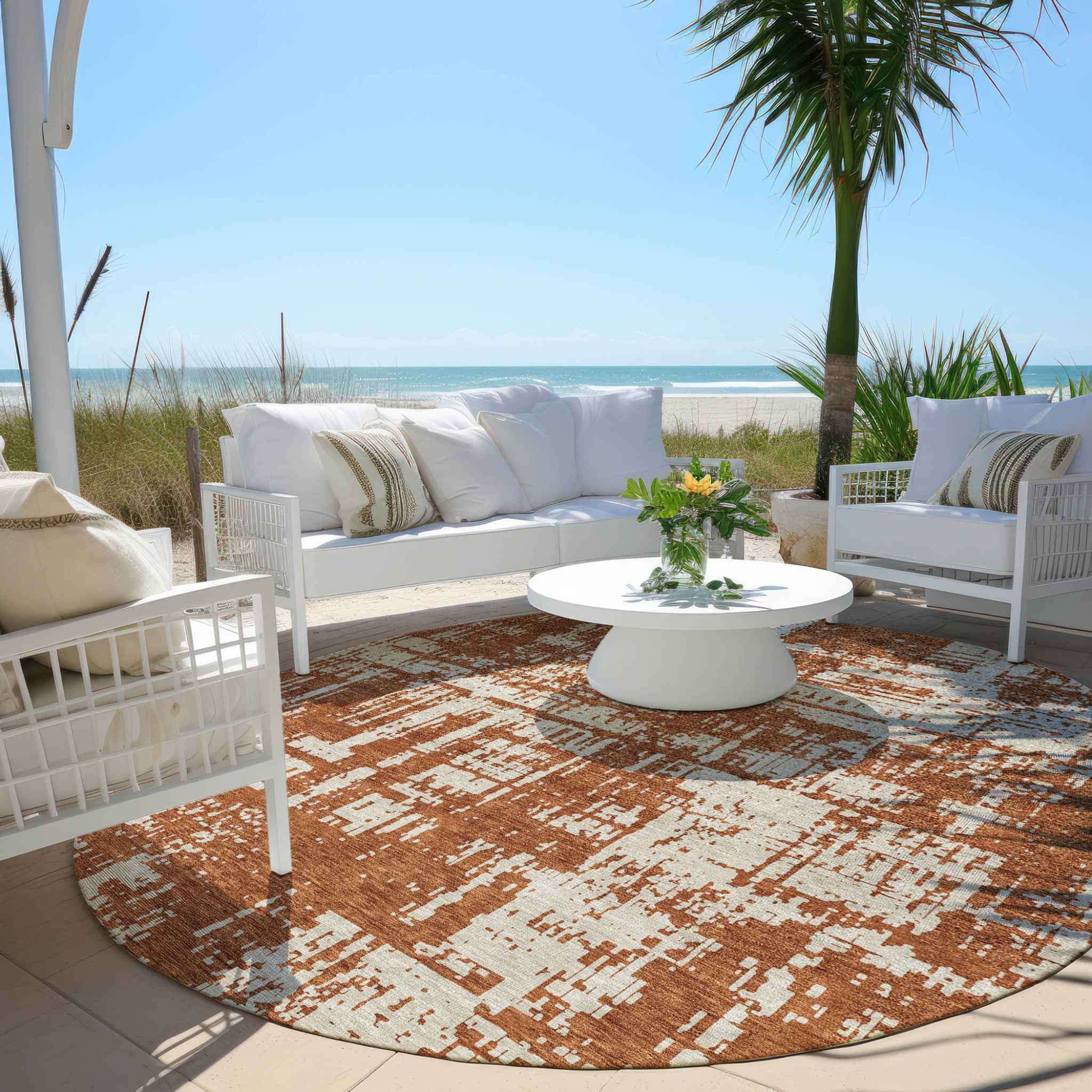 8' Brown And Ivory Round Abstract Washable Indoor Outdoor Area Rug