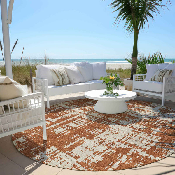 8' Brown And Ivory Round Abstract Washable Indoor Outdoor Area Rug
