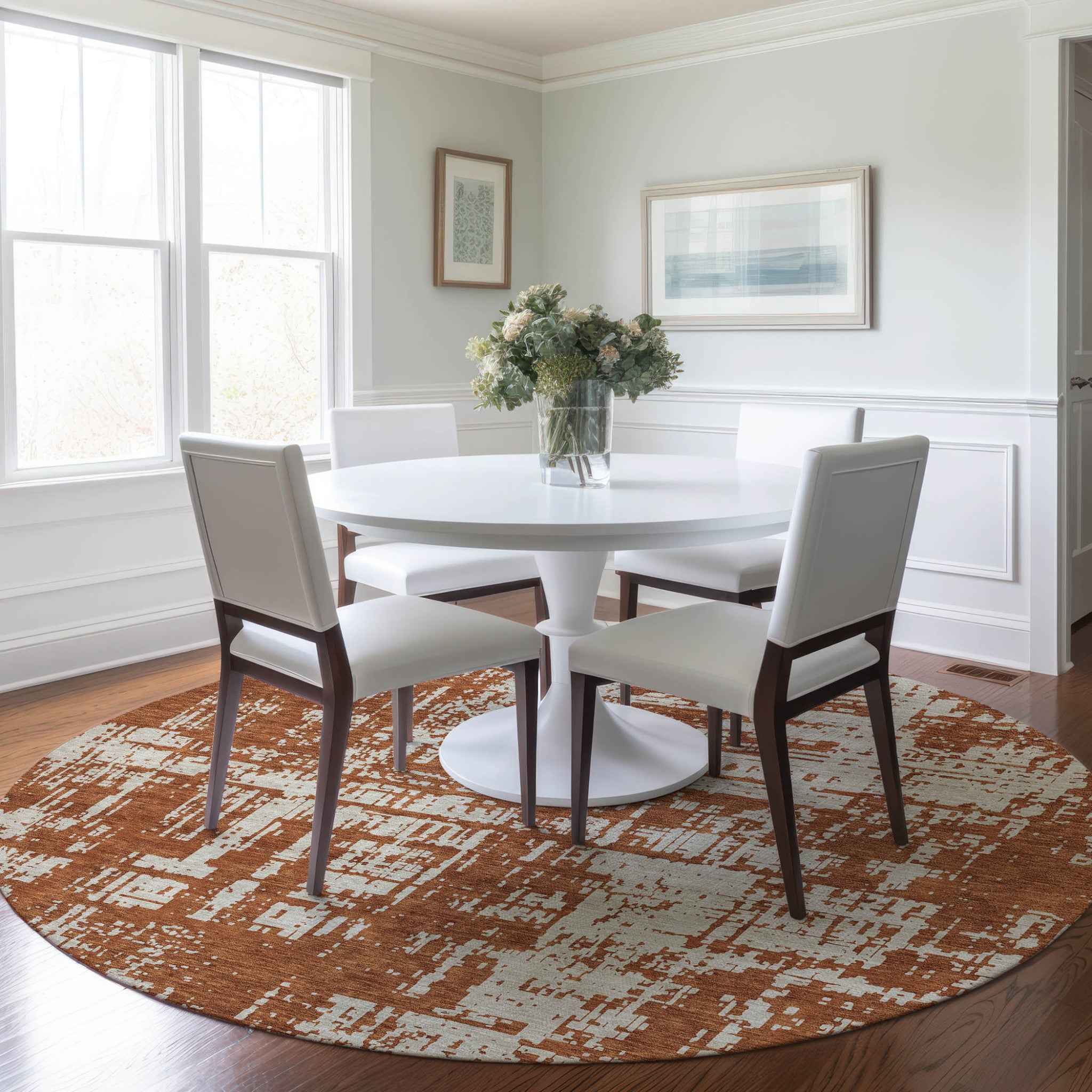 8' Brown And Ivory Round Abstract Washable Indoor Outdoor Area Rug