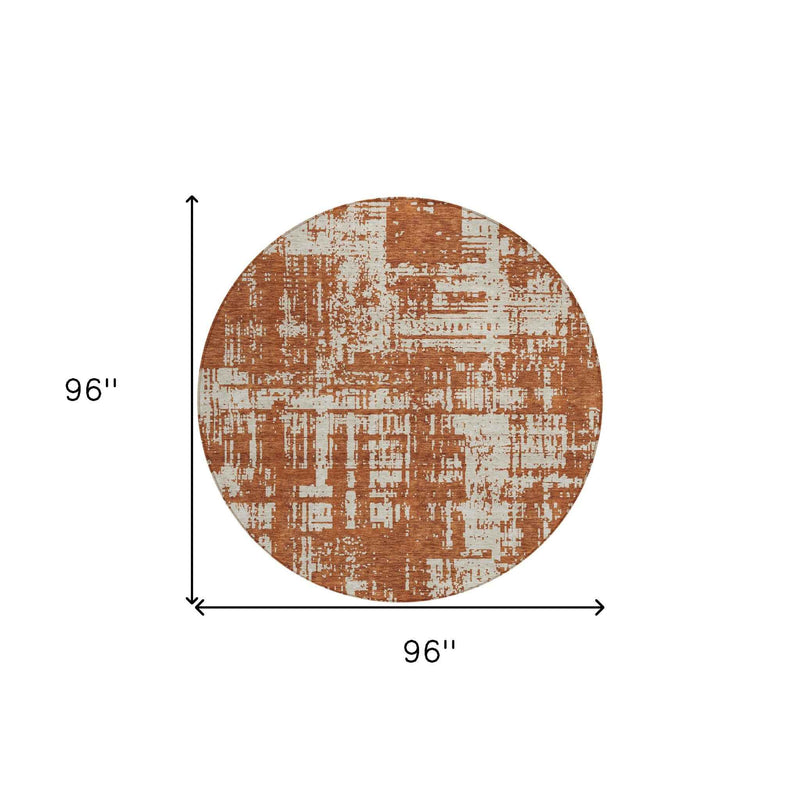8' Brown And Ivory Round Abstract Washable Indoor Outdoor Area Rug