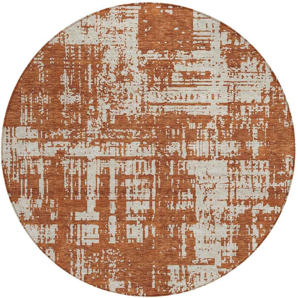8' Brown And Ivory Round Abstract Washable Indoor Outdoor Area Rug