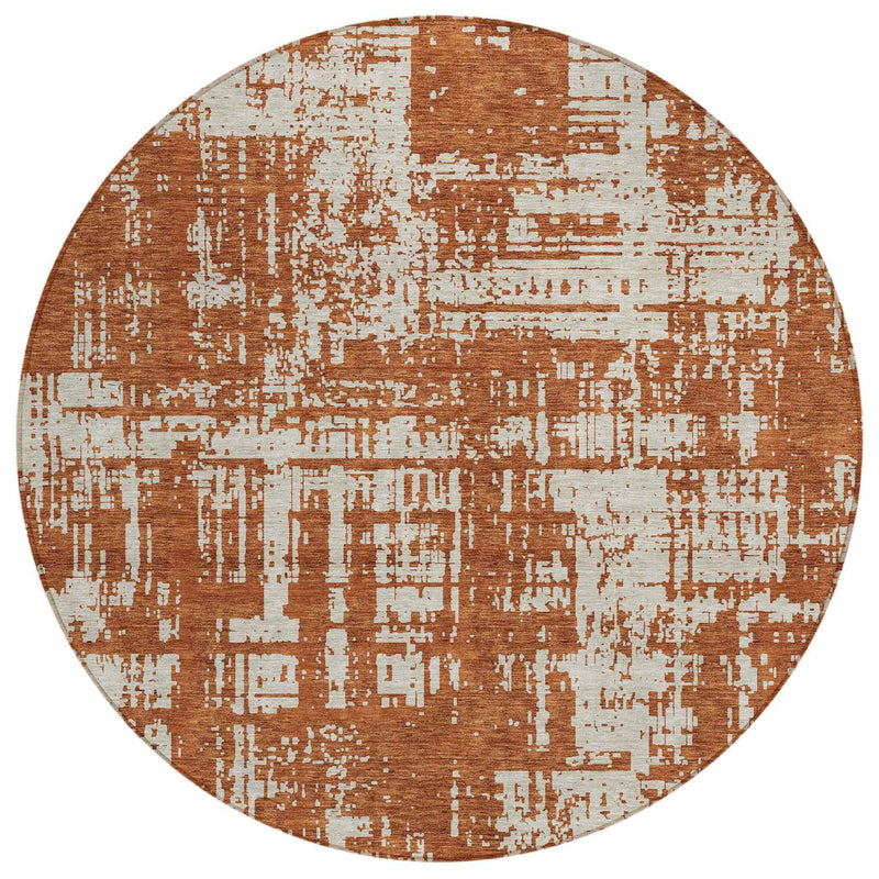 8' Brown And Ivory Round Abstract Washable Indoor Outdoor Area Rug