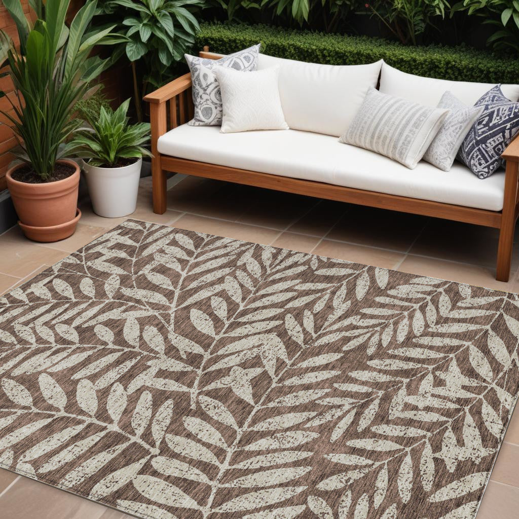 10' X 14' Brown And Beige Floral Washable Indoor Outdoor Area Rug - Outdoor