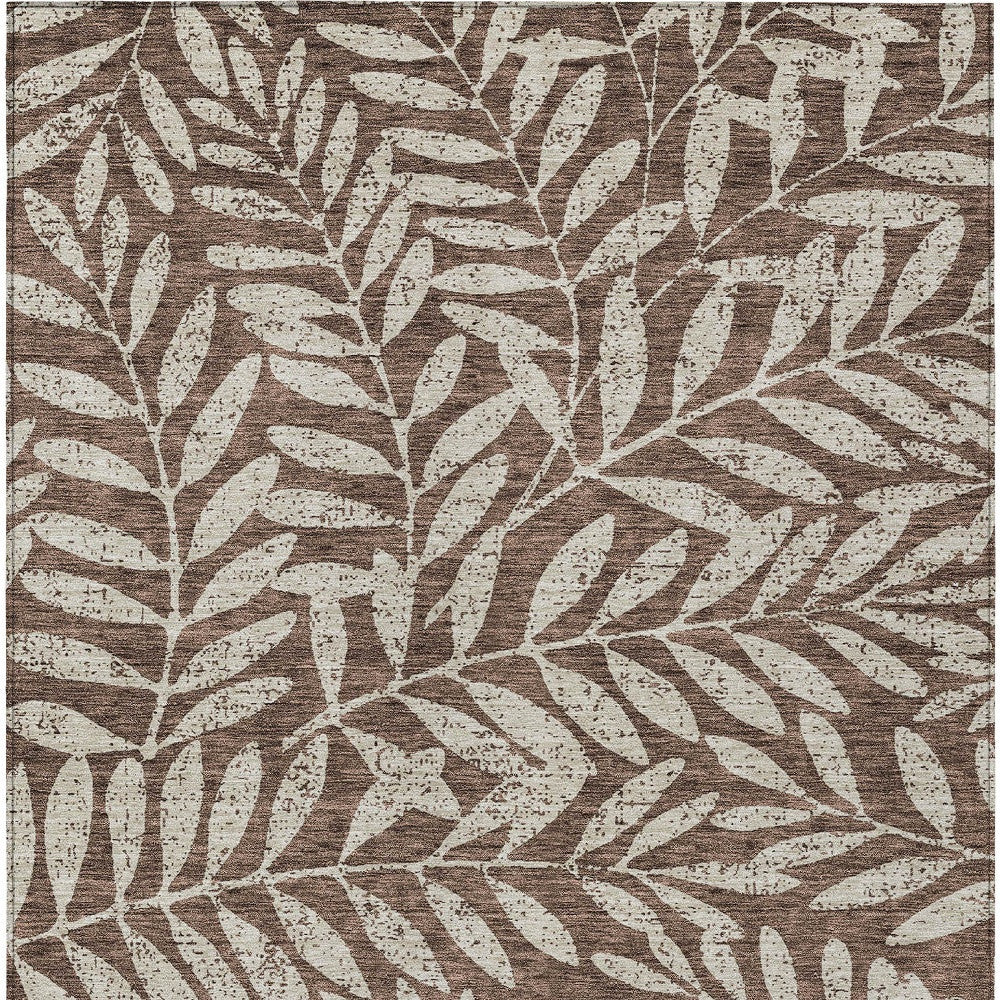 10' X 14' Brown And Beige Floral Washable Indoor Outdoor Area Rug - Outdoor