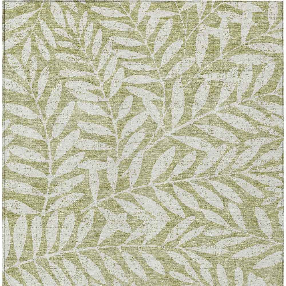 3' X 5' Artichoke Green And Ivory Floral Washable Indoor Outdoor Area Rug