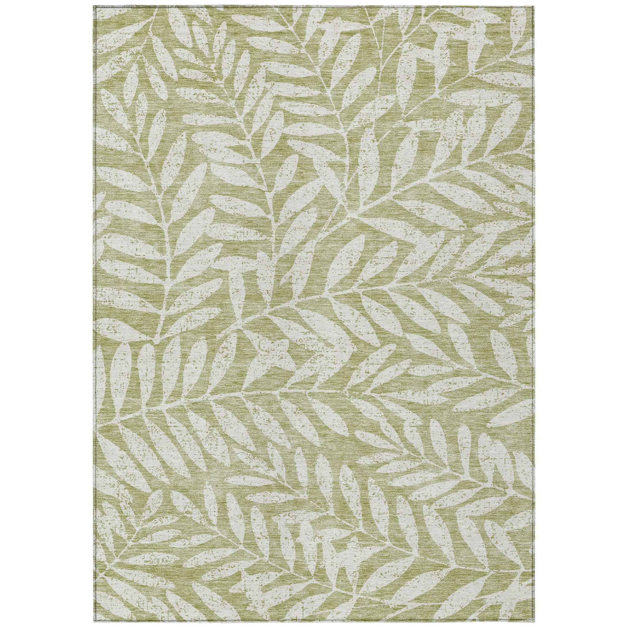 3' X 5' Artichoke Green And Ivory Floral Washable Indoor Outdoor Area Rug