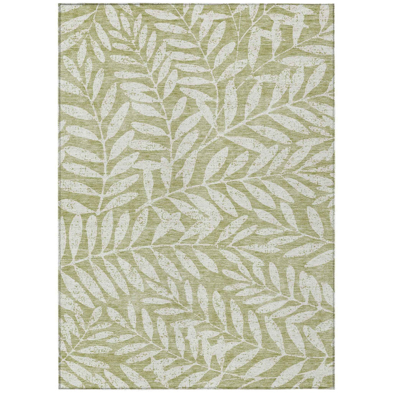 3' X 5' Artichoke Green And Ivory Floral Washable Indoor Outdoor Area Rug