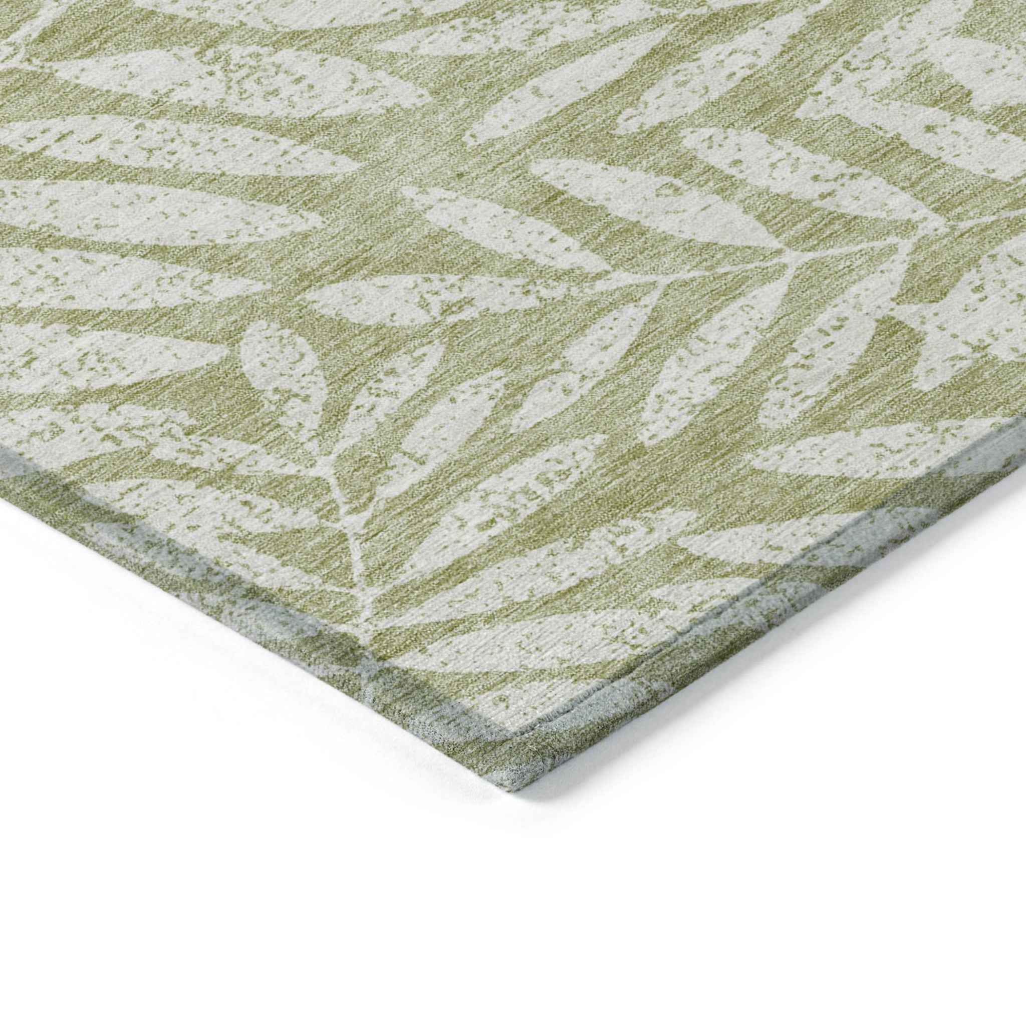 3' X 5' Artichoke Green And Ivory Floral Washable Indoor Outdoor Area Rug
