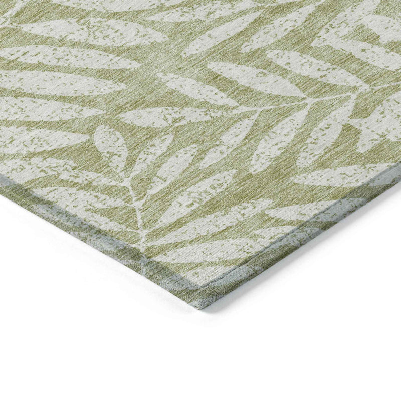 3' X 5' Artichoke Green And Ivory Floral Washable Indoor Outdoor Area Rug