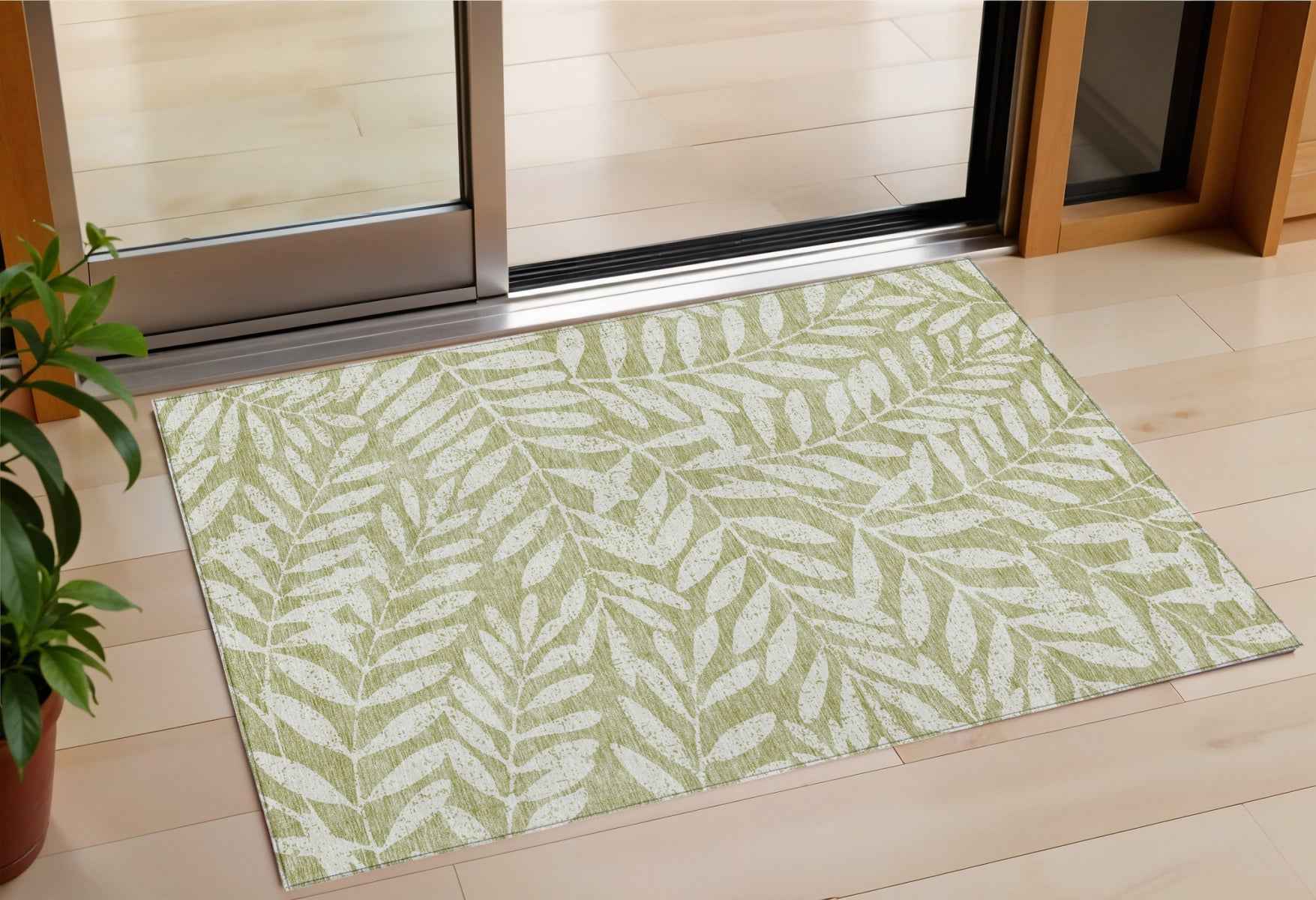 3' X 5' Artichoke Green And Ivory Floral Washable Indoor Outdoor Area Rug