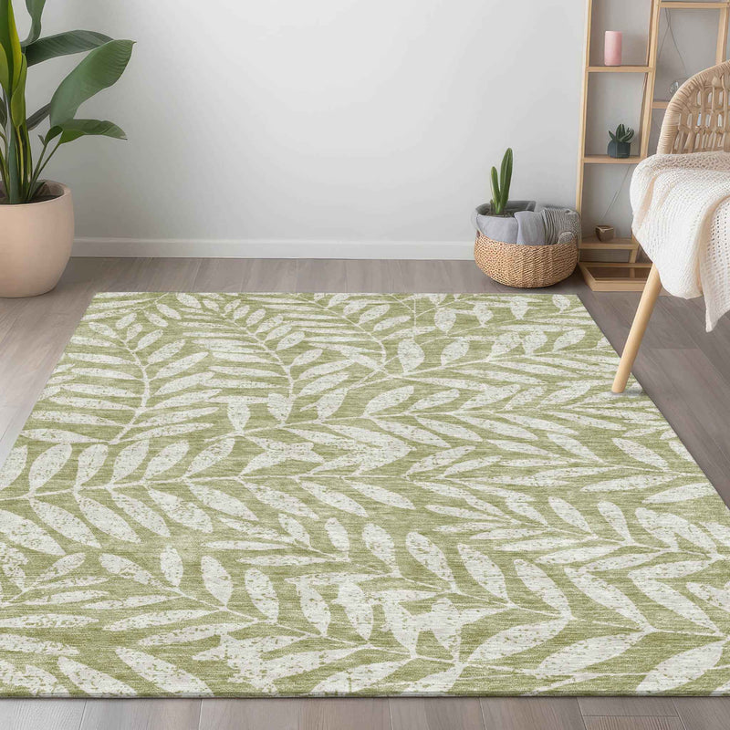 3' X 5' Artichoke Green And Ivory Floral Washable Indoor Outdoor Area Rug