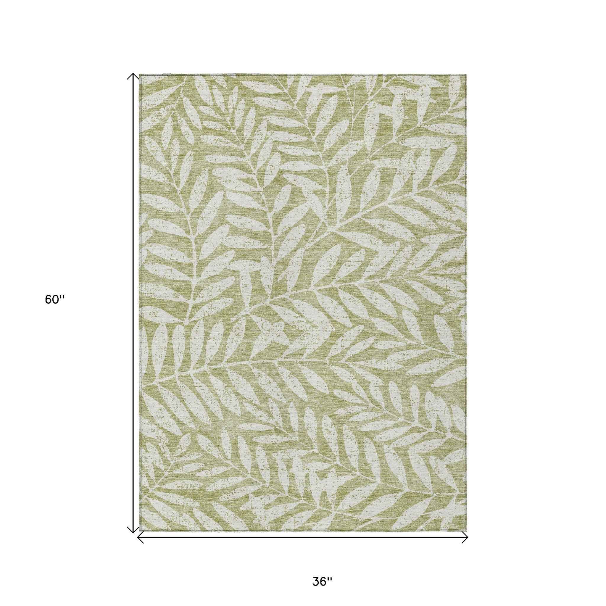 3' X 5' Artichoke Green And Ivory Floral Washable Indoor Outdoor Area Rug