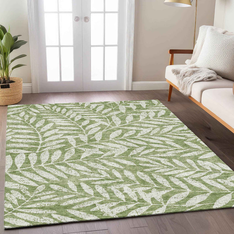 8' X 10' Green And Ivory Floral Washable Indoor Outdoor Area Rug