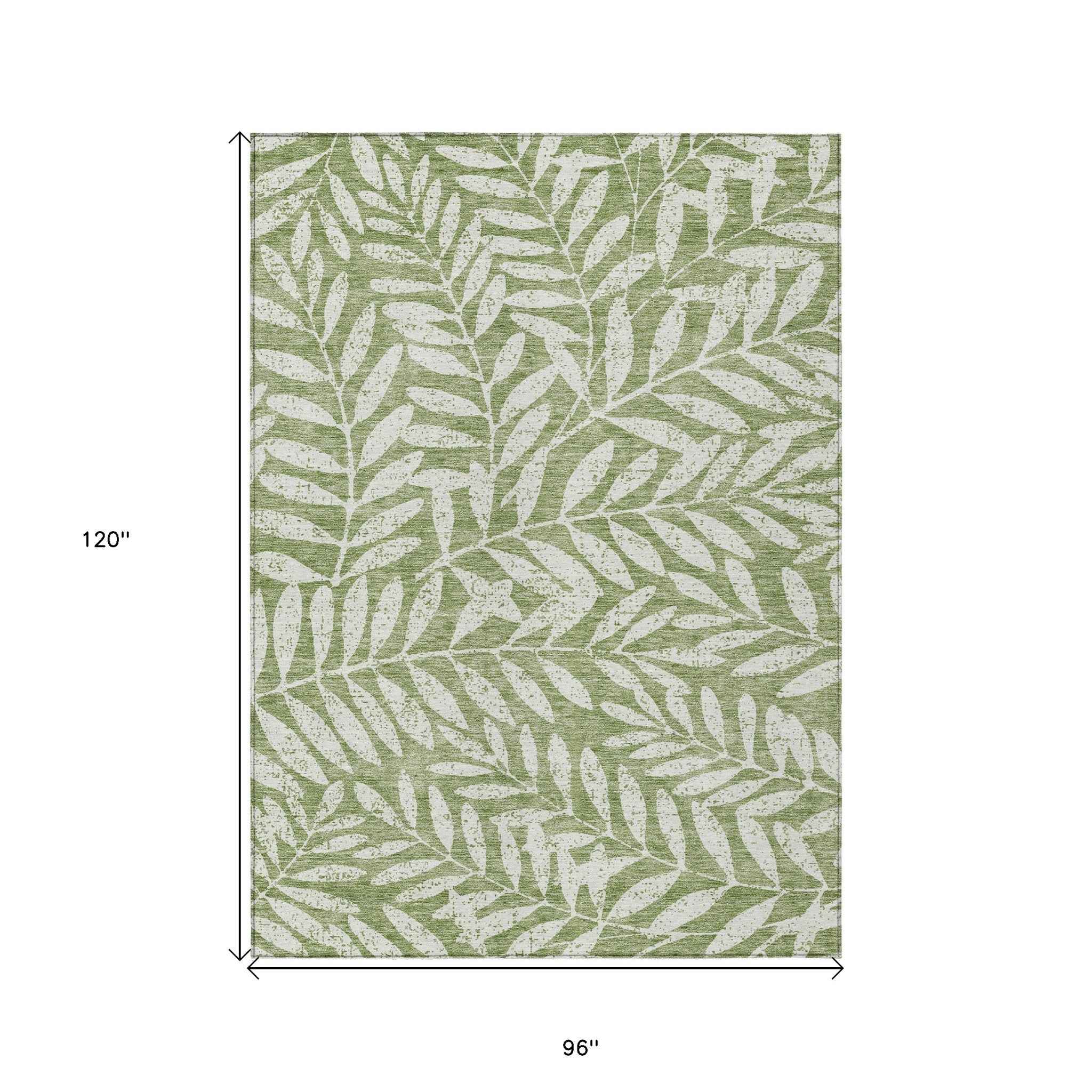 8' X 10' Green And Ivory Floral Washable Indoor Outdoor Area Rug