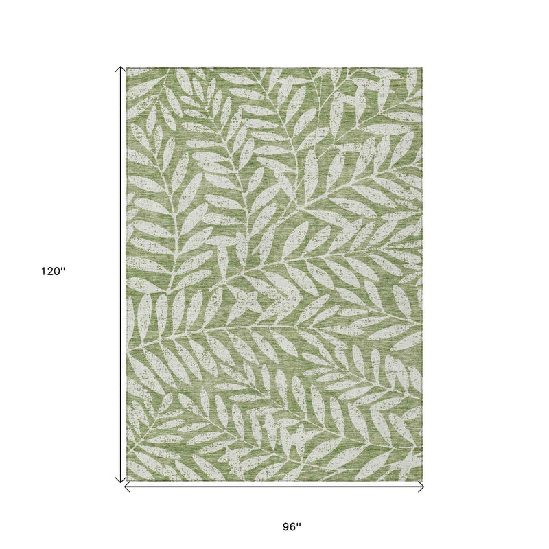8' X 10' Green And Ivory Floral Washable Indoor Outdoor Area Rug