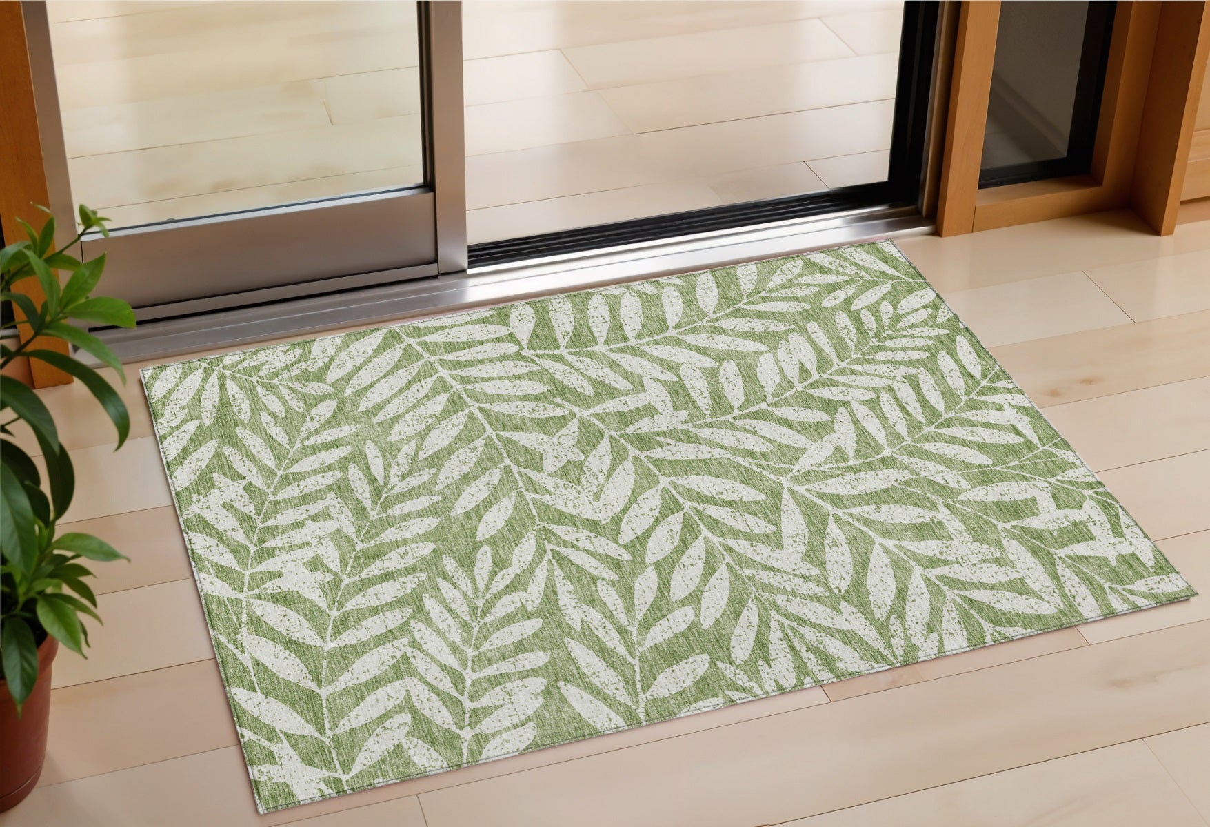 3' X 5' Green And Ivory Floral Washable Indoor Outdoor Area Rug - Outdoor