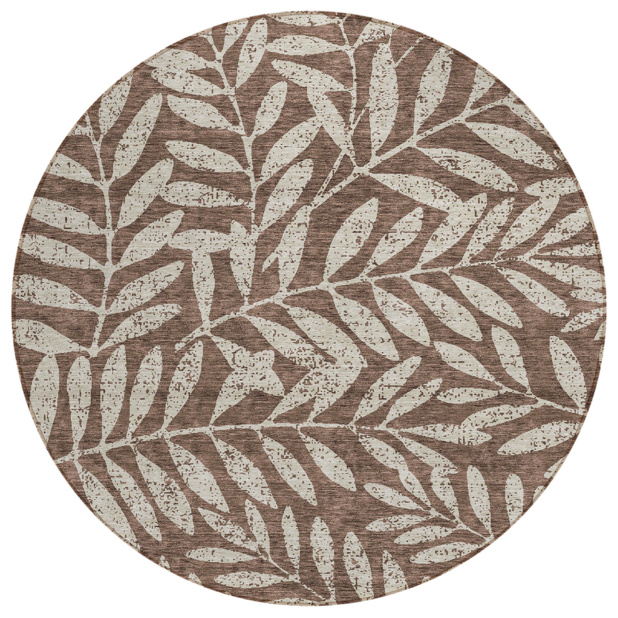 8' Brown And Beige Round Floral Washable Indoor Outdoor Area Rug - Outdoor