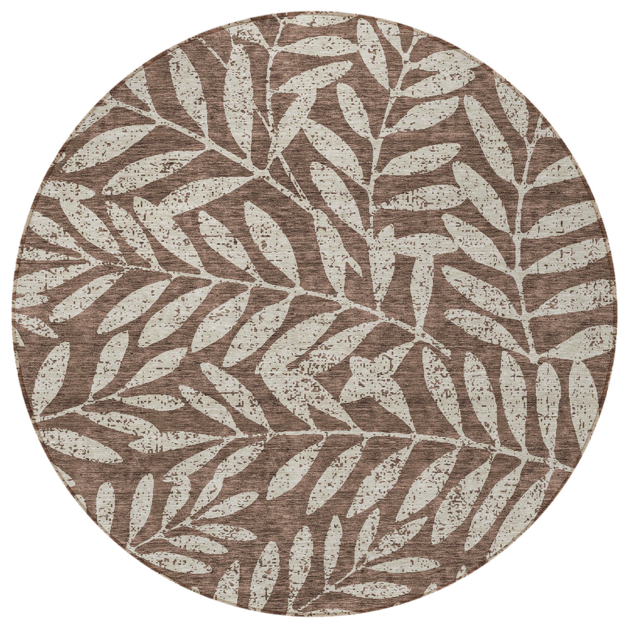 8' Brown And Beige Round Floral Washable Indoor Outdoor Area Rug - Outdoor