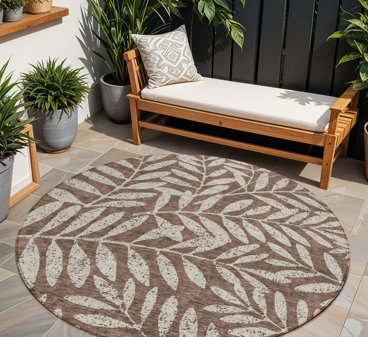8' Brown And Beige Round Floral Washable Indoor Outdoor Area Rug - Outdoor