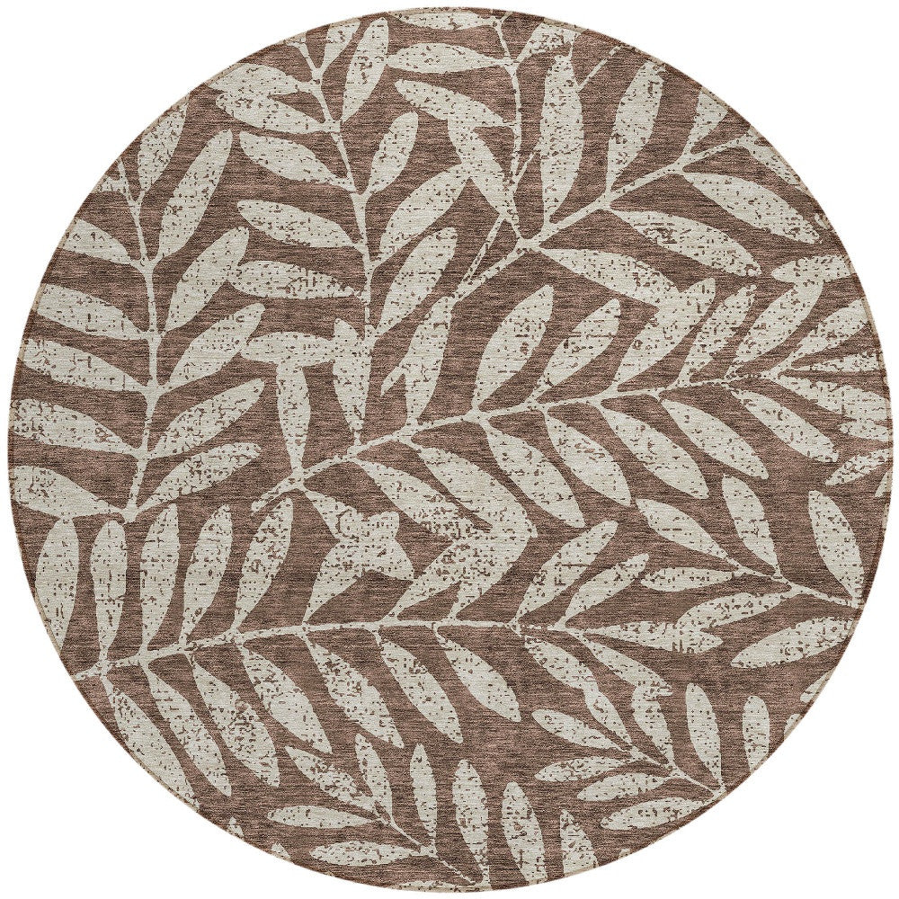 8' Brown And Beige Round Floral Washable Indoor Outdoor Area Rug - Outdoor