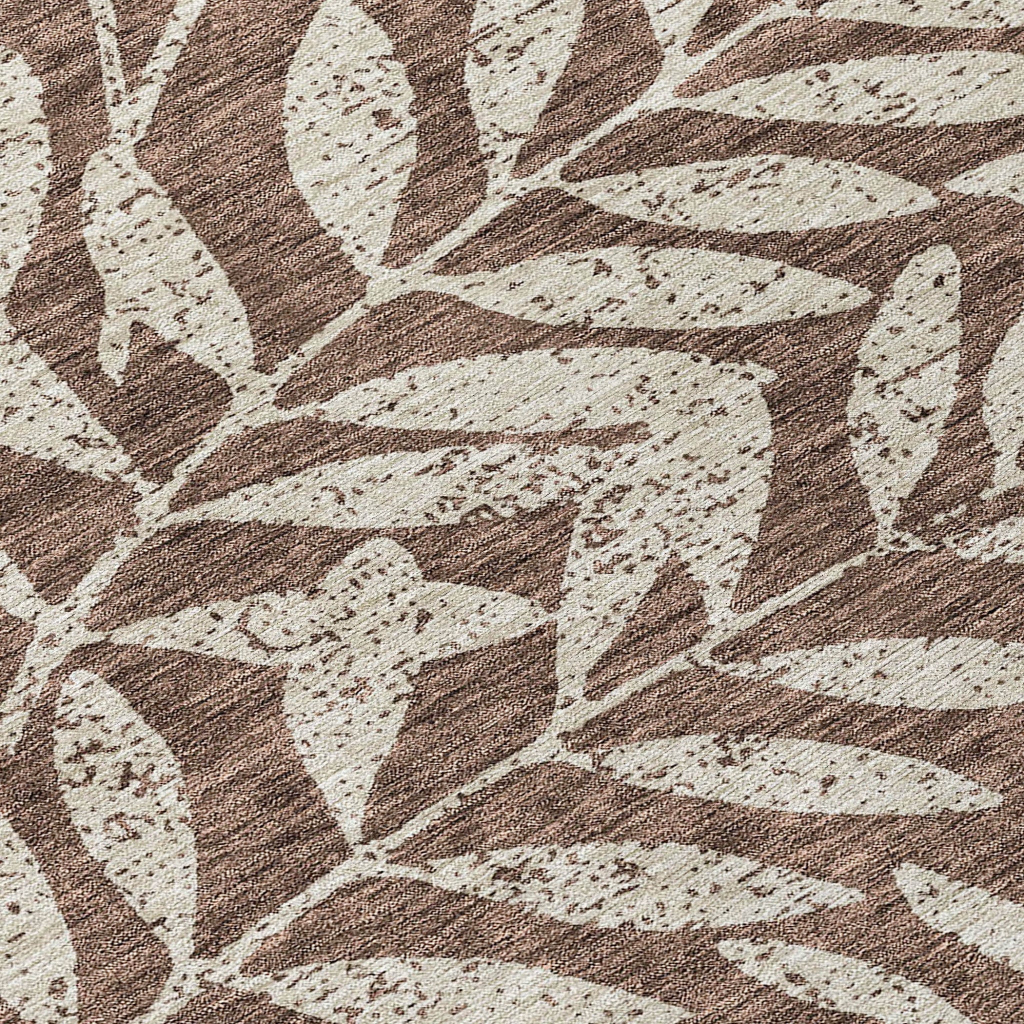 8' Brown And Beige Round Floral Washable Indoor Outdoor Area Rug - Outdoor