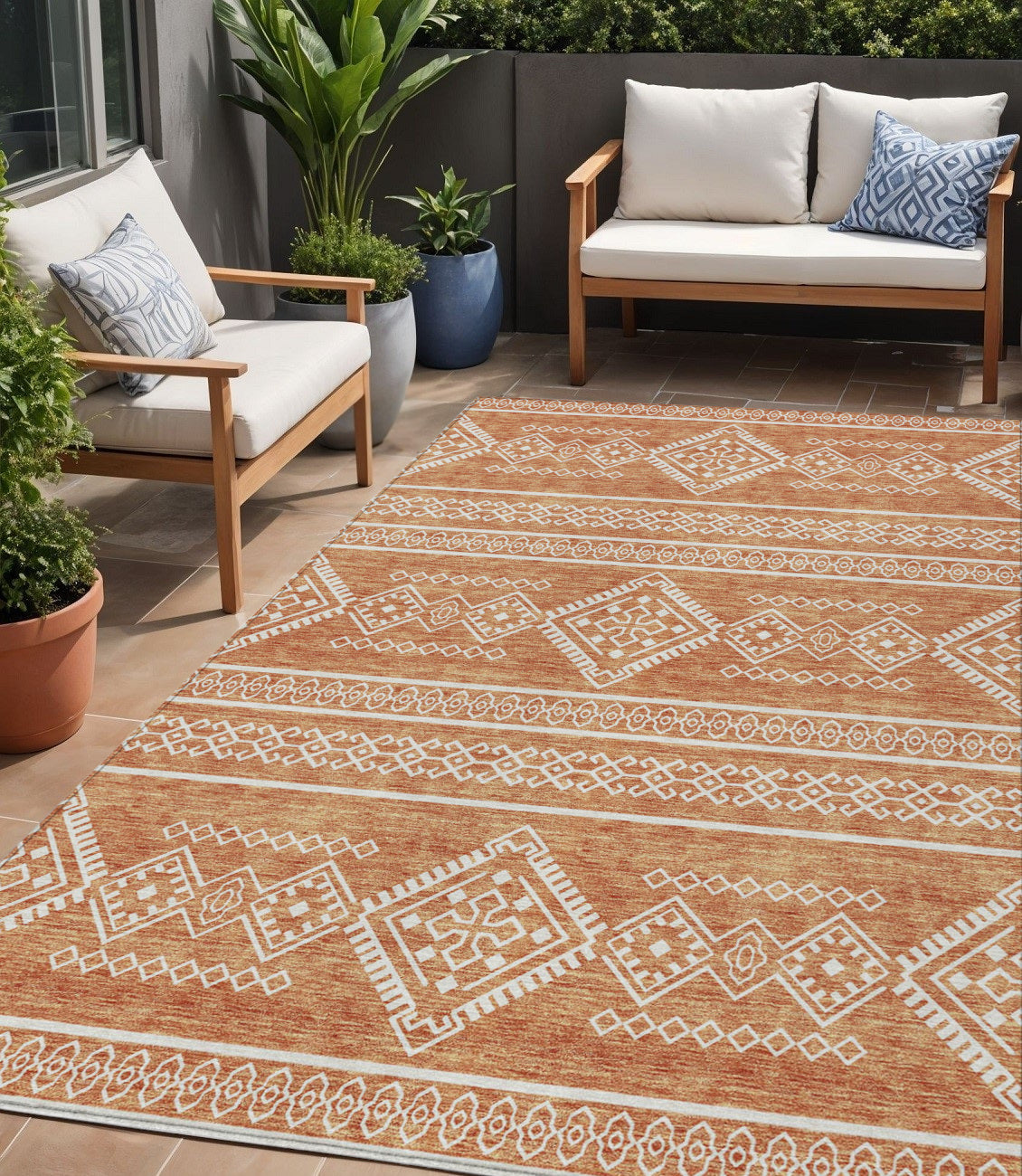 5' X 8' Copper And Ivory Southwestern Washable Indoor Outdoor Area Rug - Sports & Outdoor