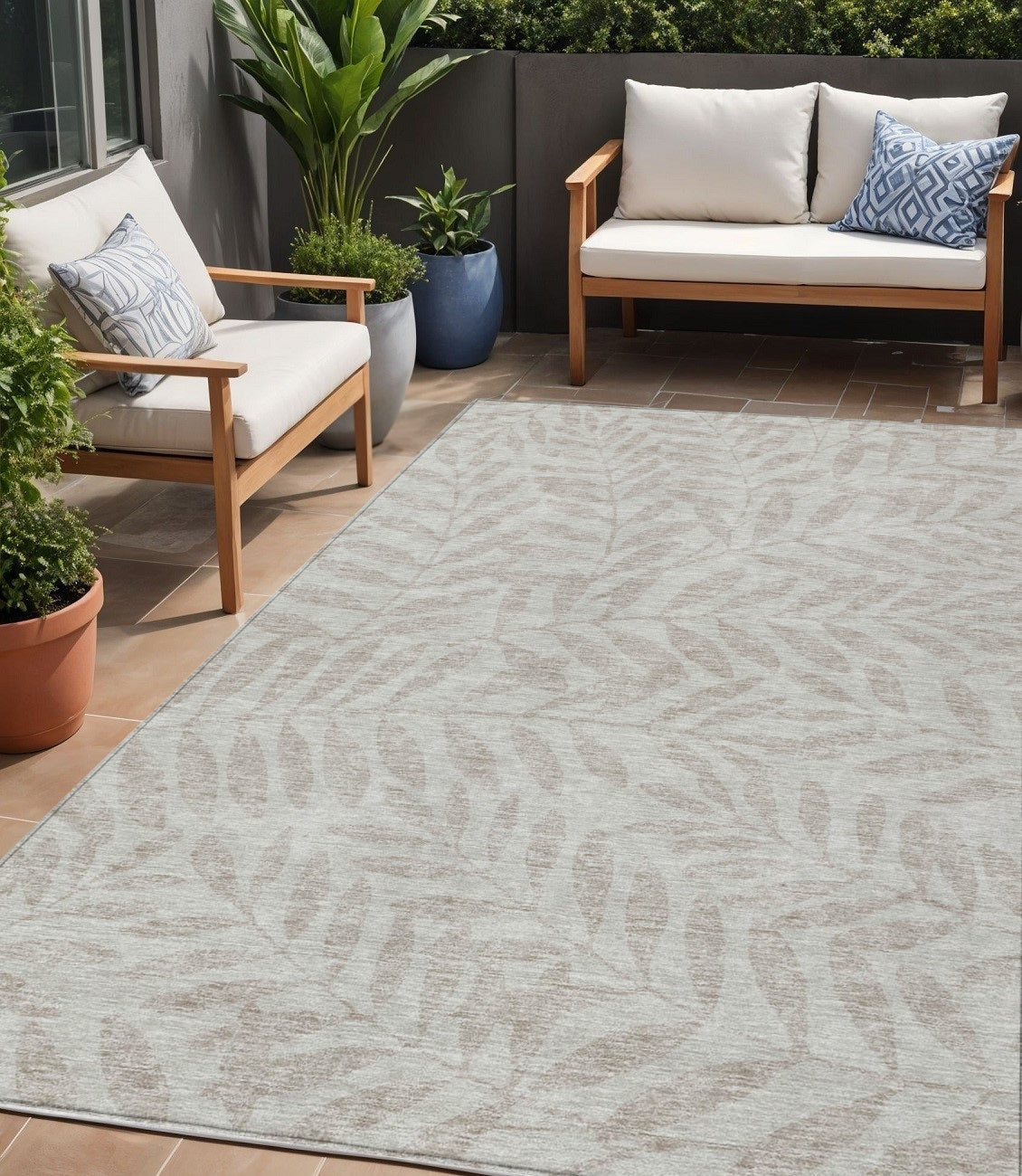 5' X 8' Taupe And Beige Floral Washable Indoor Outdoor Area Rug - Outdoor