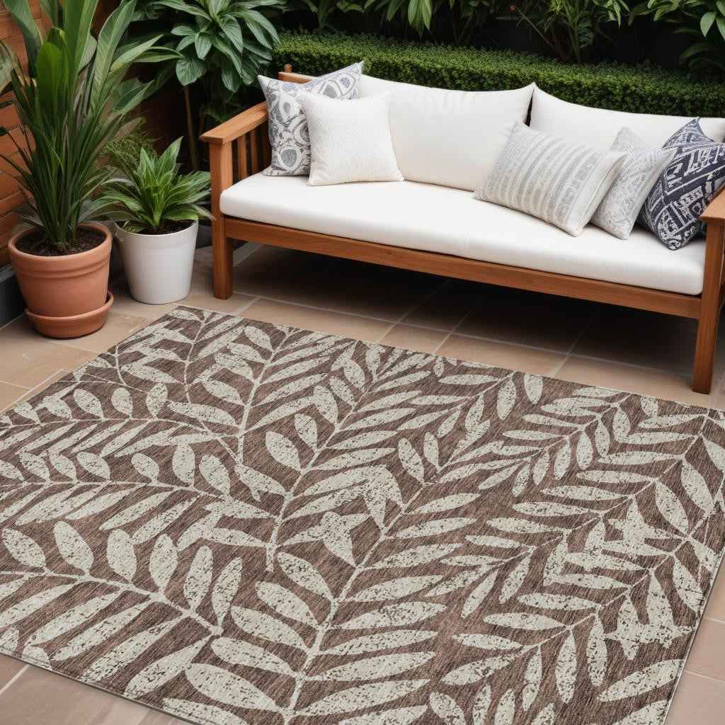 8' X 10' Brown And Beige Floral Washable Indoor Outdoor Area Rug