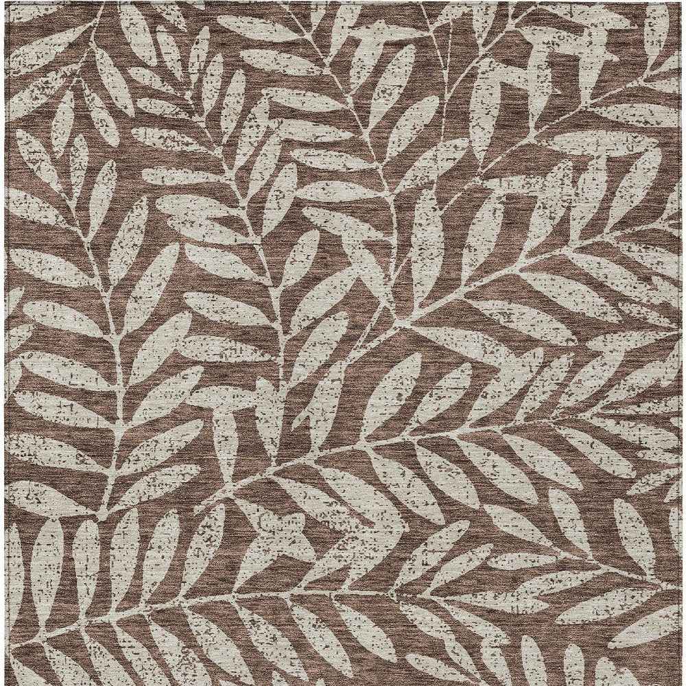 8' X 10' Brown And Beige Floral Washable Indoor Outdoor Area Rug