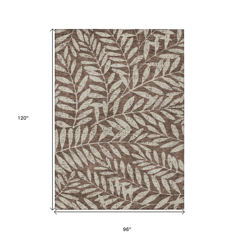 8' X 10' Brown And Beige Floral Washable Indoor Outdoor Area Rug