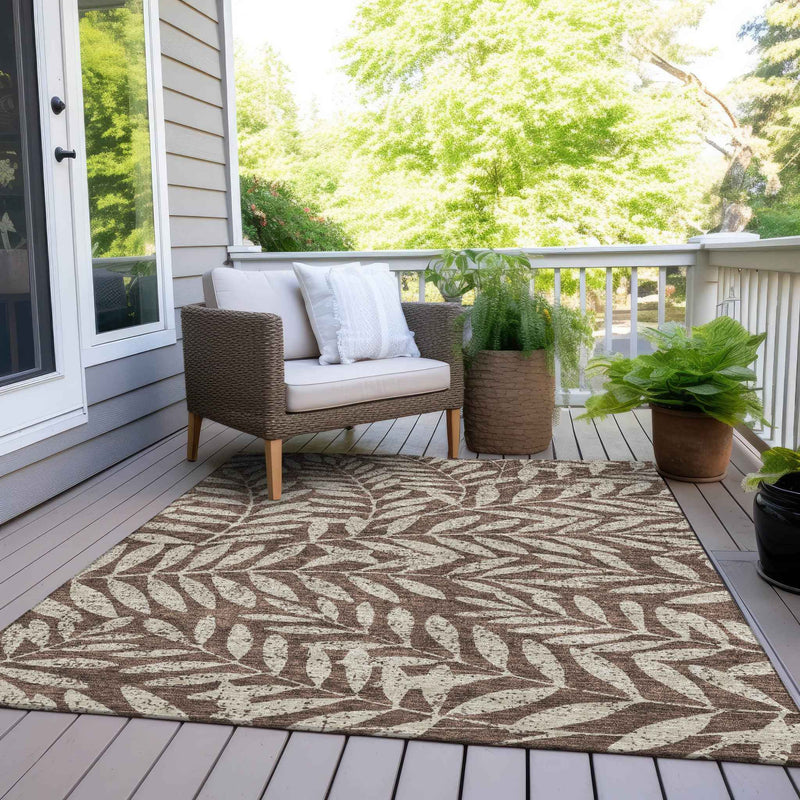 8' X 10' Brown And Beige Floral Washable Indoor Outdoor Area Rug