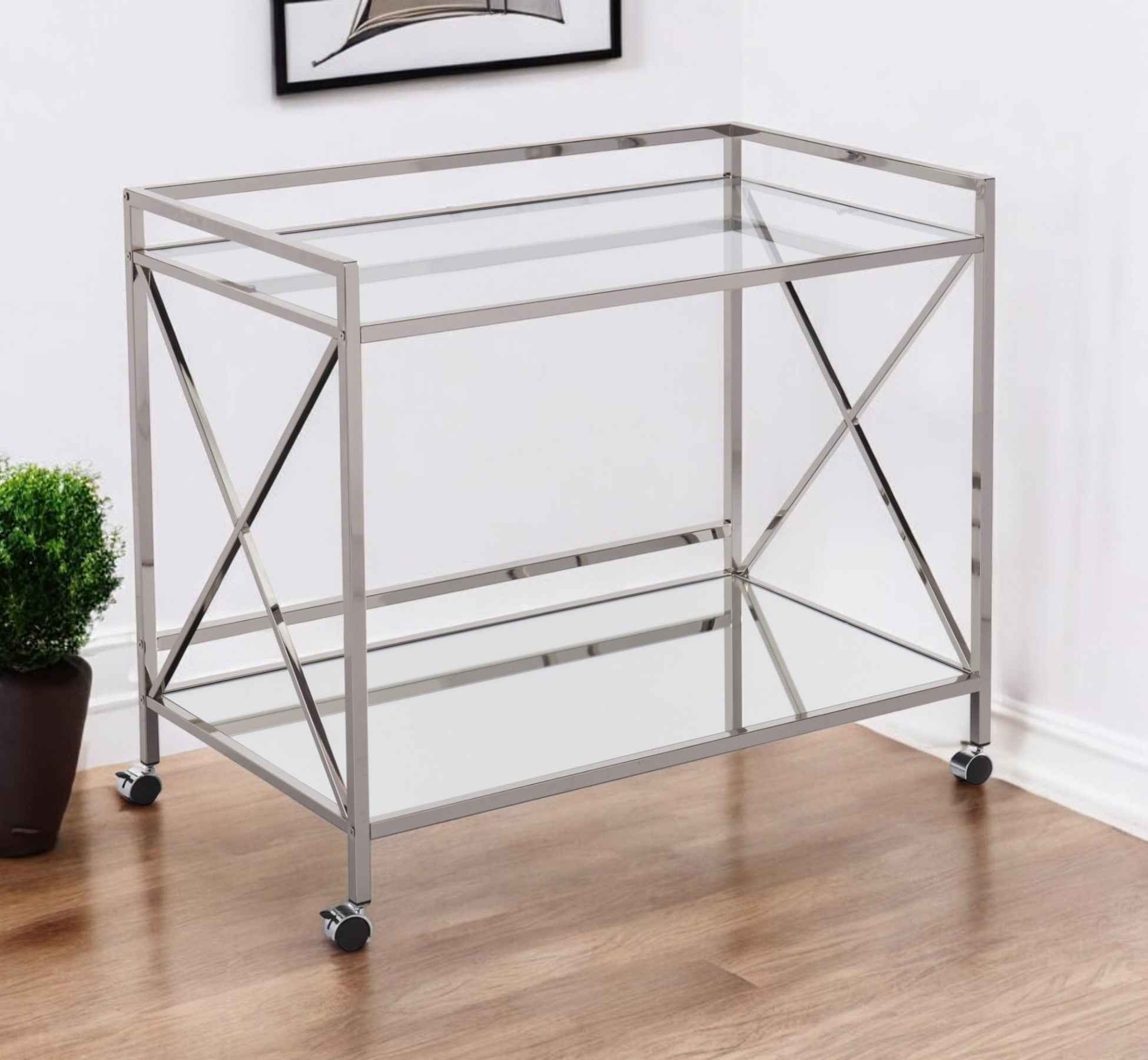 39" Silver Metal and Glass Rolling Bar Cart