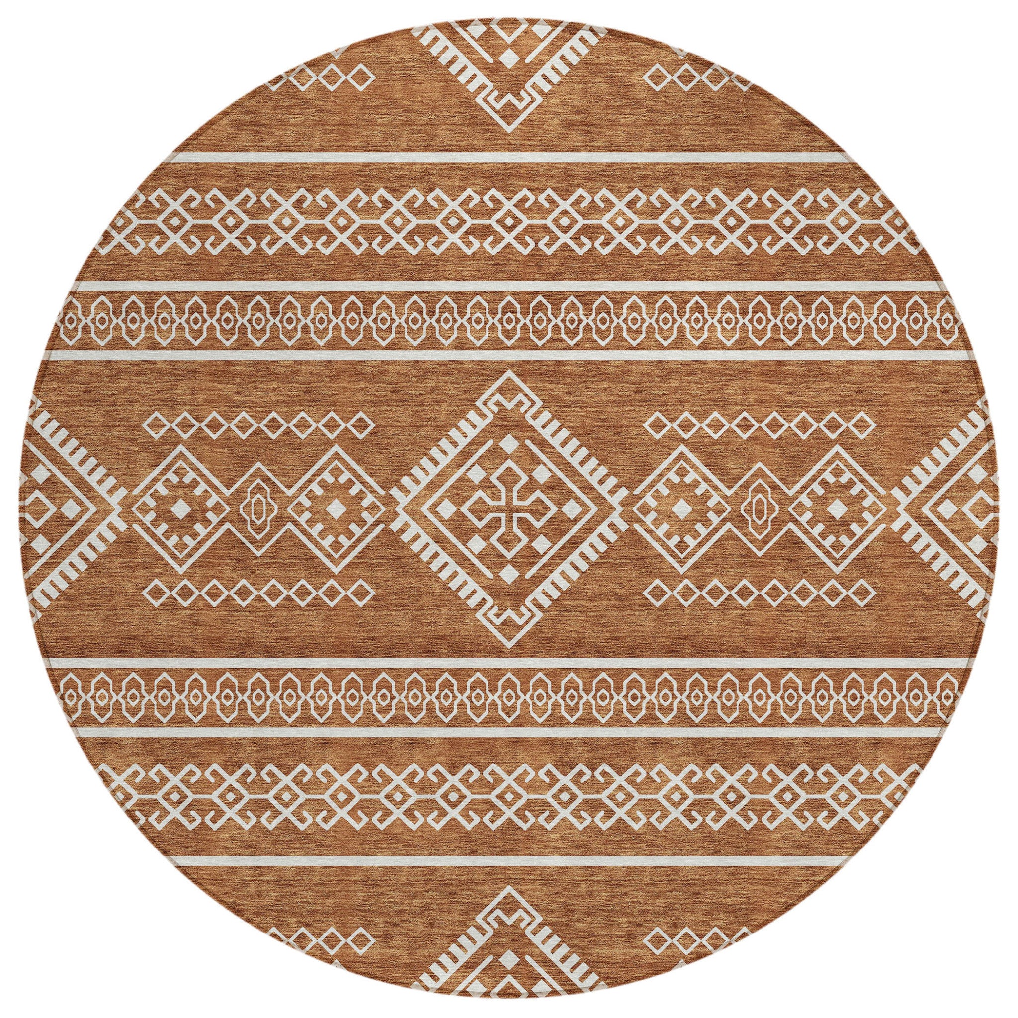 8' Orange And Ivory Round Southwestern Washable Indoor Outdoor Area Rug - Sports & Outdoor